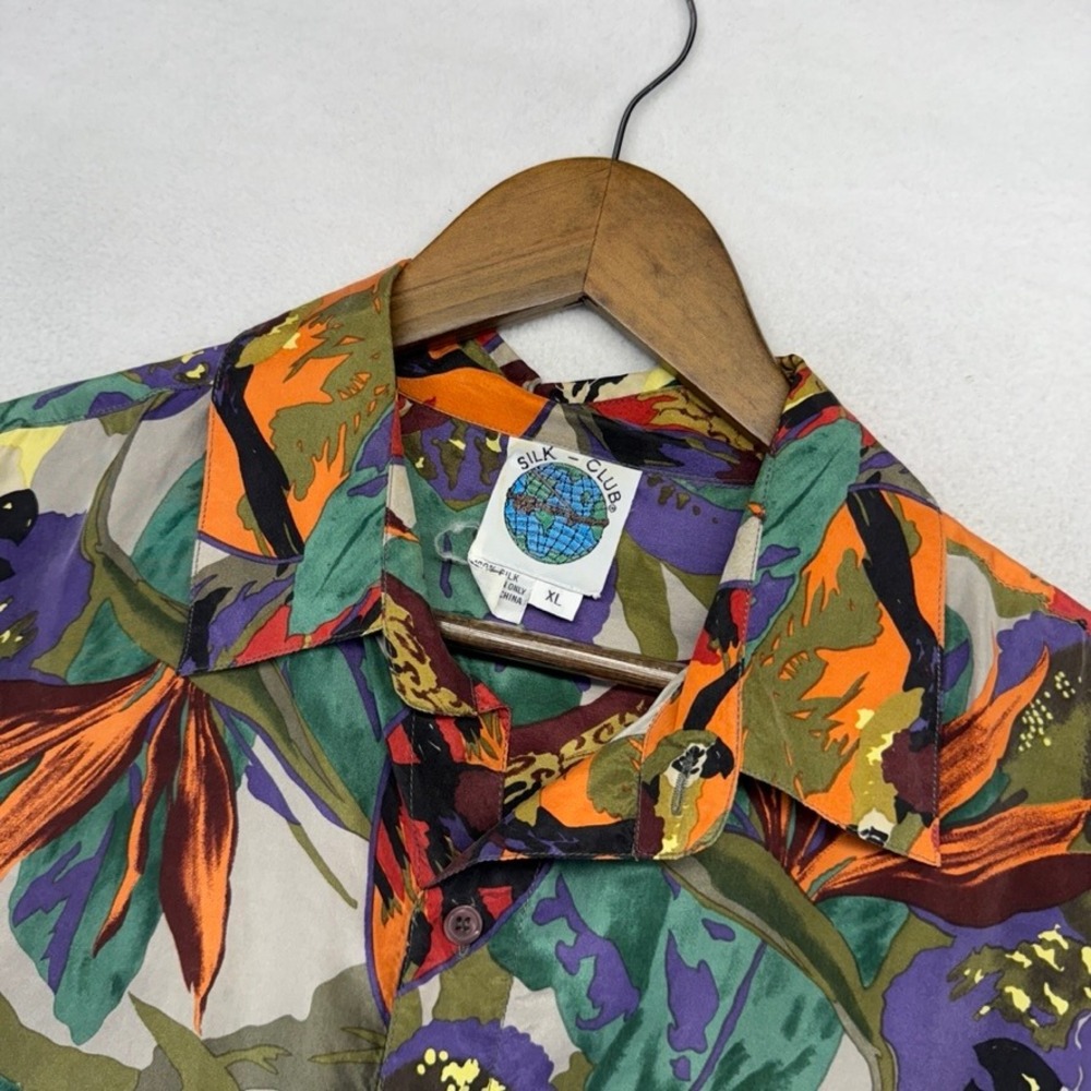Vintage Silk Club Button Up Shirt Mens XL Multicolor Tropical Parrot Bird Floral